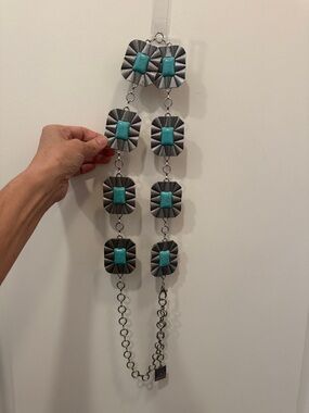 Turquoise Center Silver-Tone METAL Statement BELT